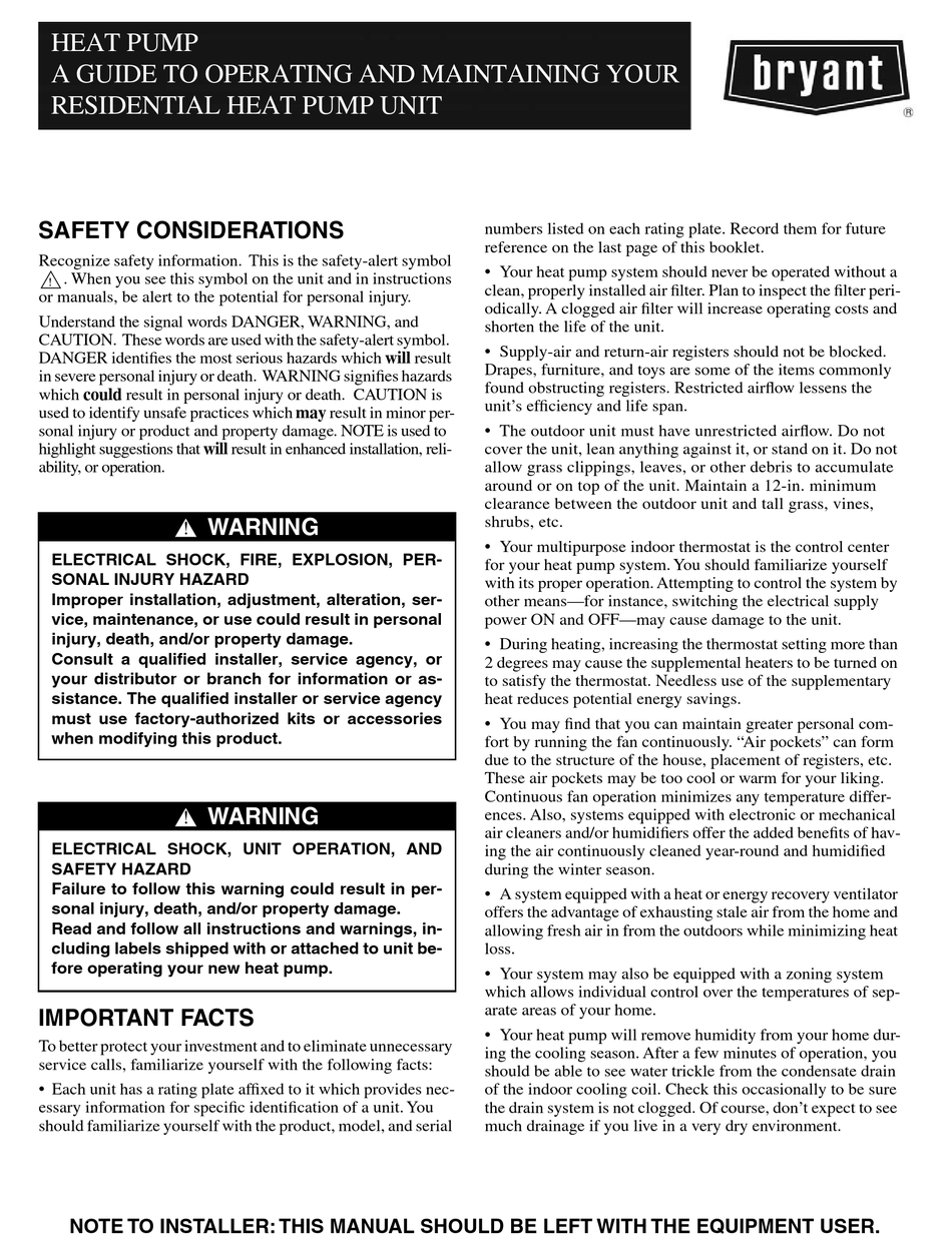 BRYANT HEAT PUMP MANUAL TO OPERATING AND MAINTAINING YO Pdf Download