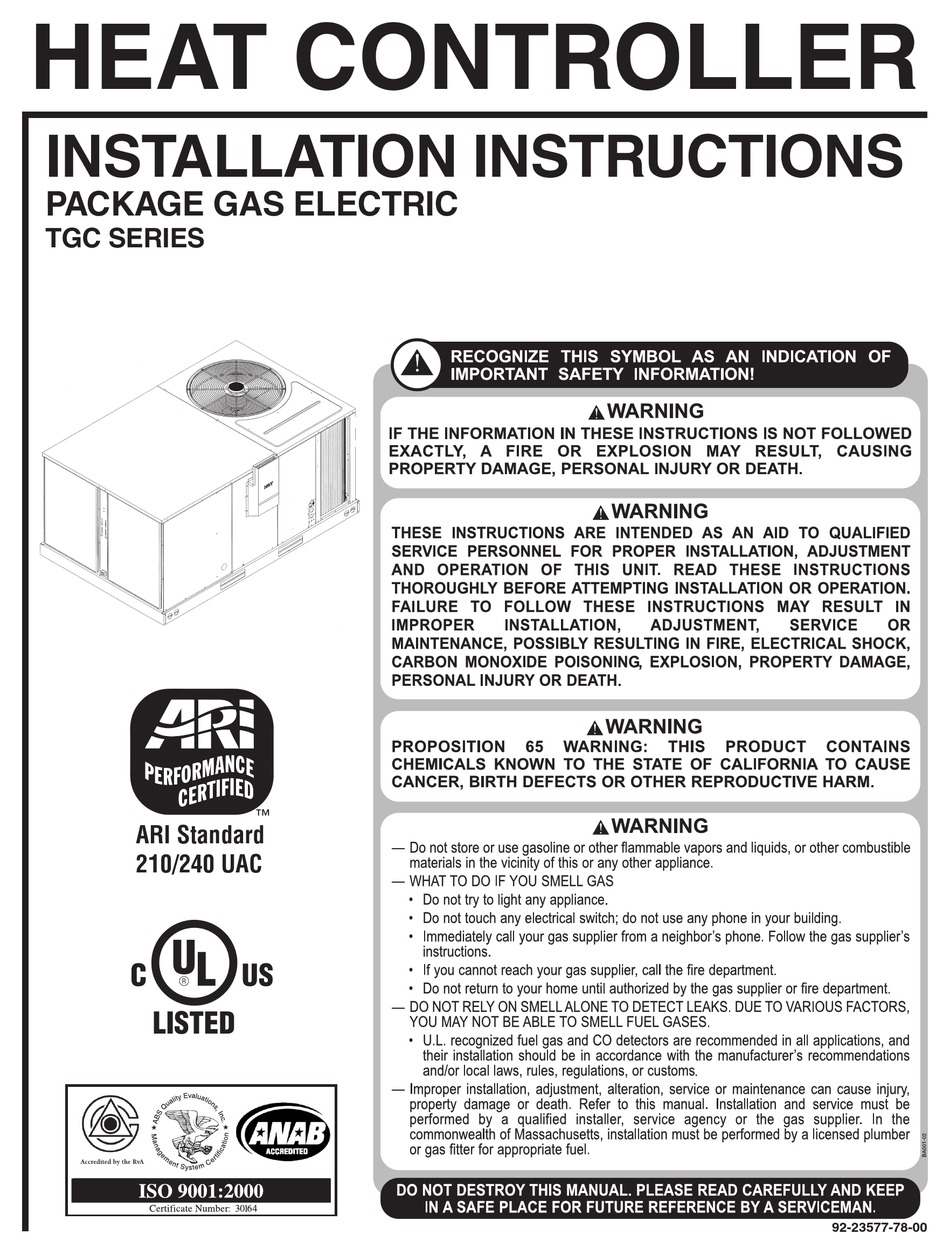 HEAT CONTROLLER TGC SERIES INSTALLATION INSTRUCTIONS MANUAL Pdf