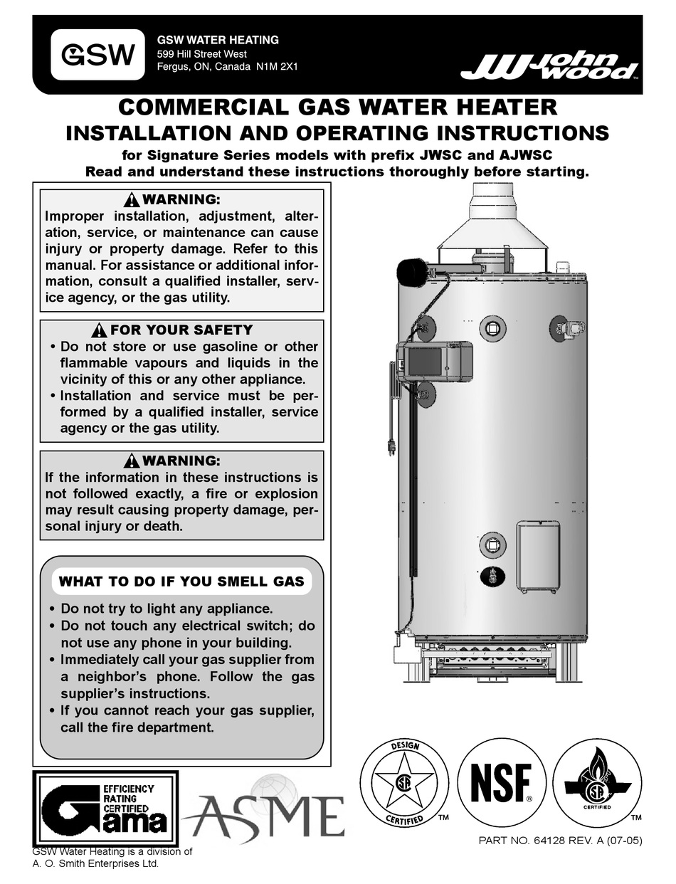 GSW JOHN WOOD INSTALLATION AND OPERATING INSTRUCTIONS MANUAL Pdf