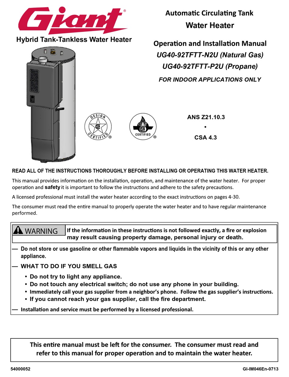 GIANT UG4092TFTTN2U OPERATION AND INSTALLATION MANUAL Pdf Download