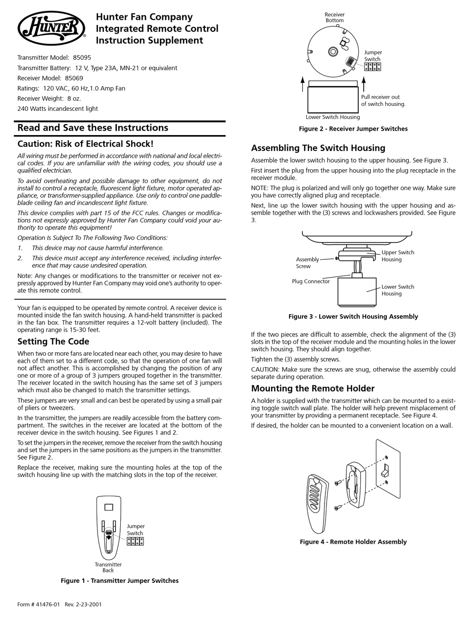Hunter 85095 Instructions Pdf Download Manualslib