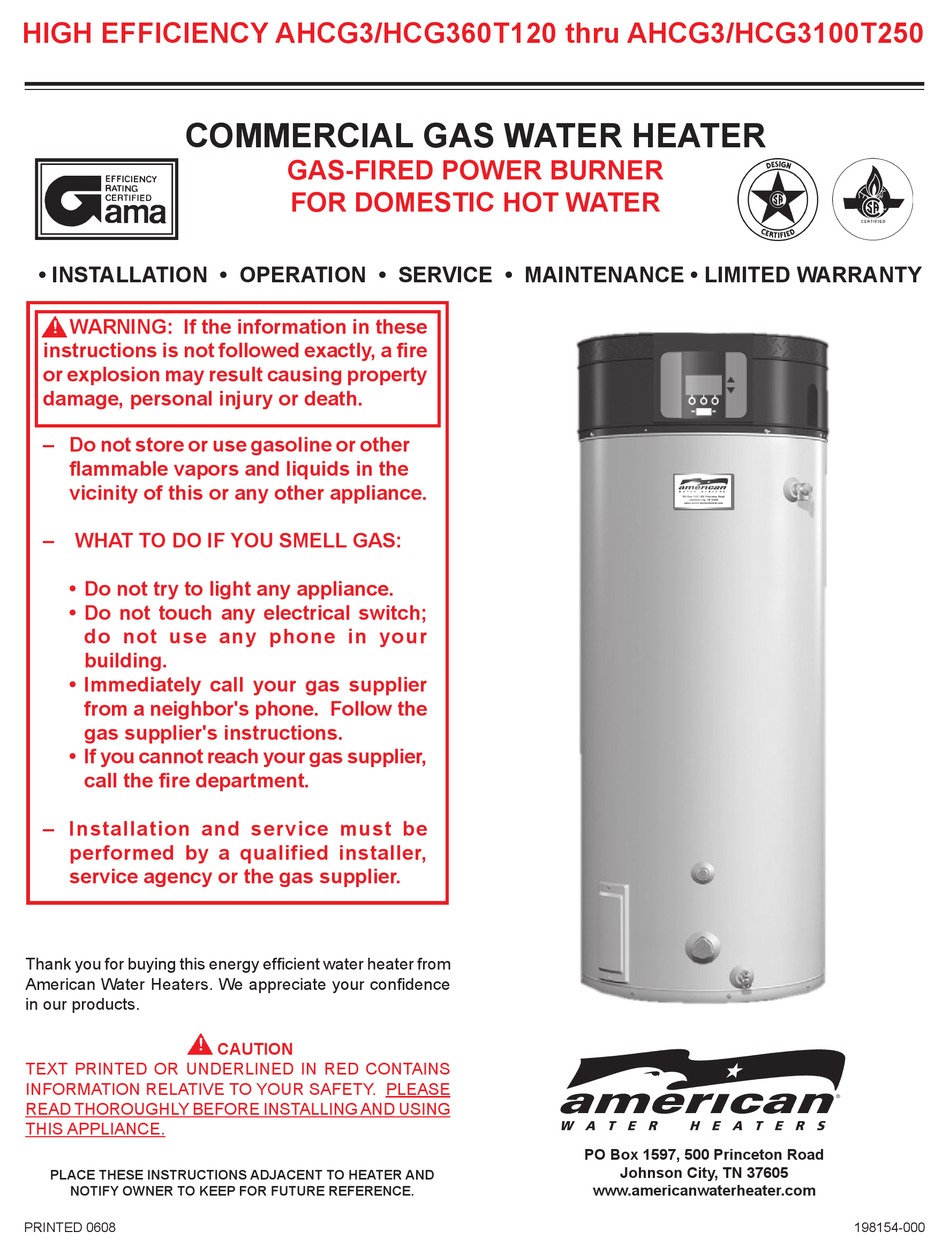 AMERICAN WATER HEATER AHCG3/HCG360T120 OWNER'S MANUAL Pdf Download