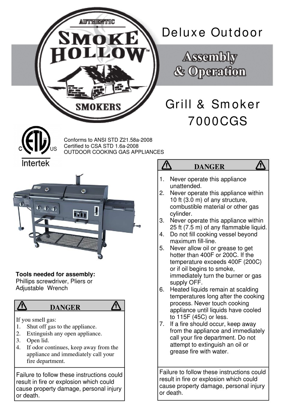 SMOKE HOLLOW 7000CGS ASSEMBLY & OPERATION Pdf Download | ManualsLib