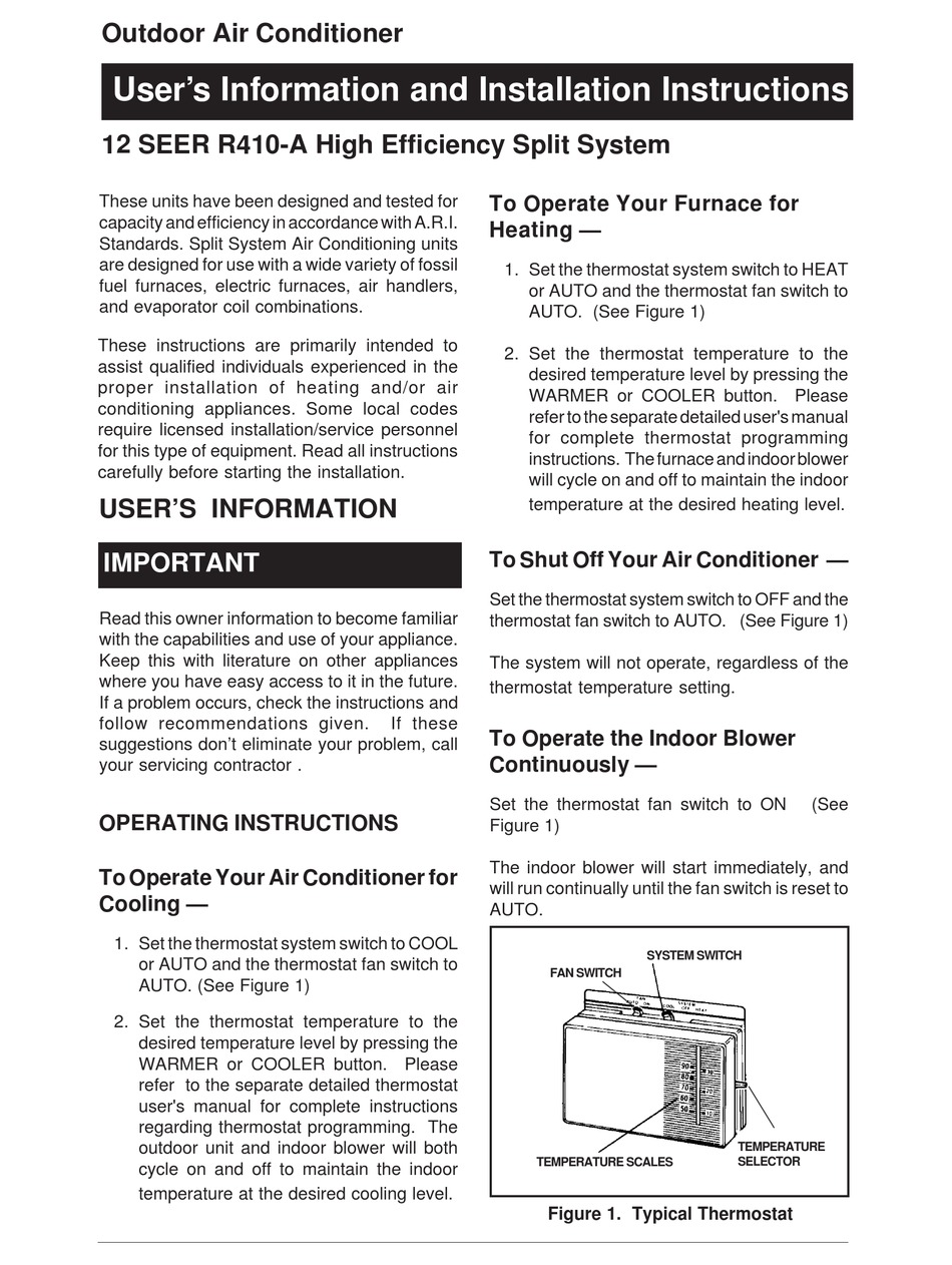 NORDYNE R410-A USER'S INFORMATION AND INSTALLATION INSTRUCTIONS MANUAL