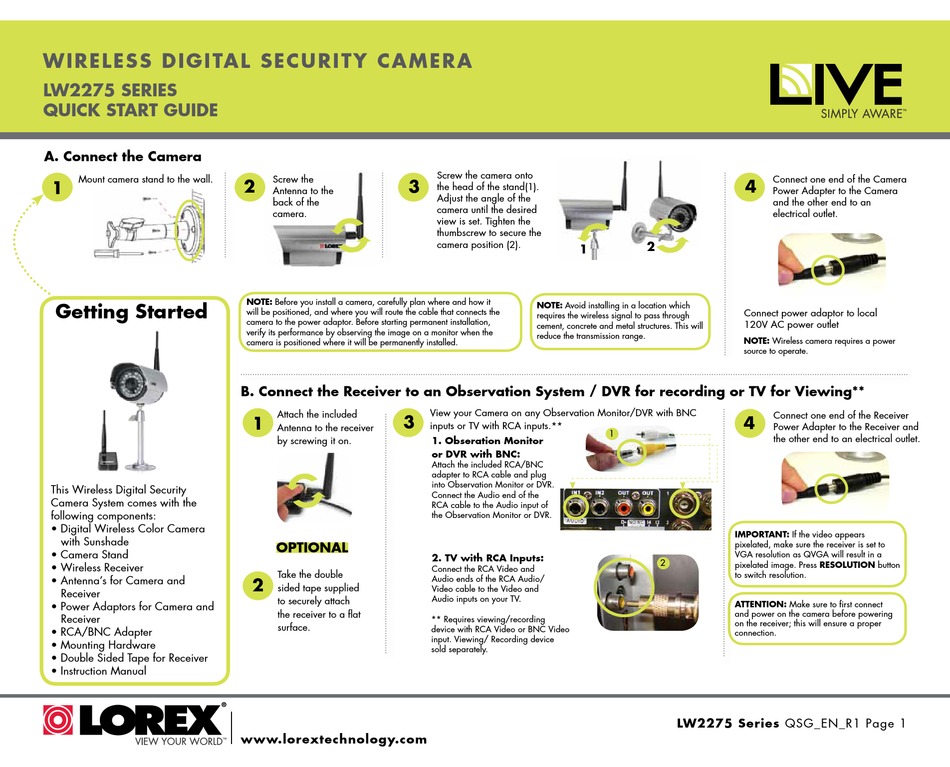 Lorex LW2275 Wireless Receiver with AC power Adapter Home Surveillance