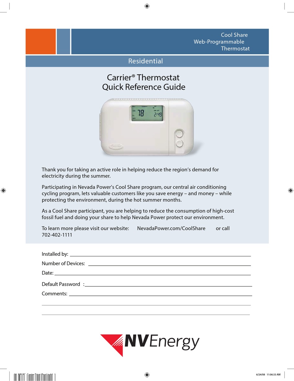 CARRIER COOL SHARE WEBPROGRAMMABLE THERMOSTAT QUICK REFERENCE MANUAL