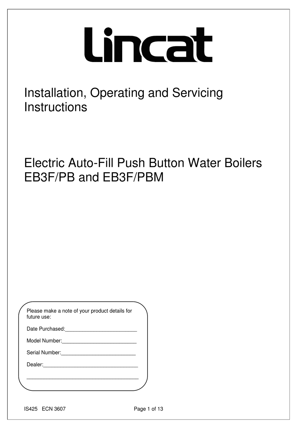 LINCAT EB3F/PB INSTALLATION, OPERATING AND SERVICING INSTRUCTIONS Pdf Download ManualsLib