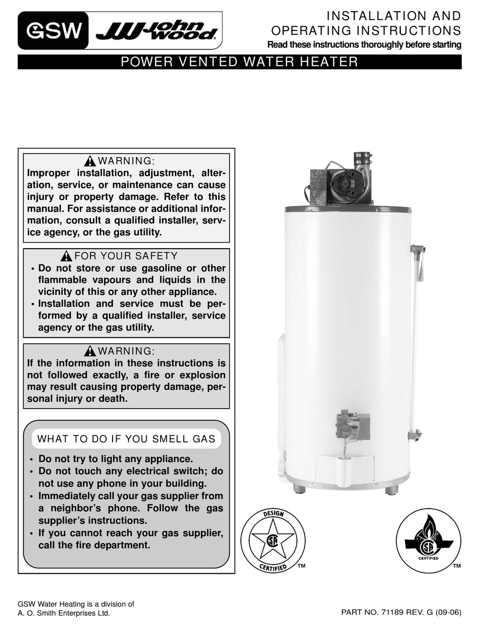 GSW 71189 INSTALLATION AND OPERATING INSTRUCTIONS MANUAL Pdf Download