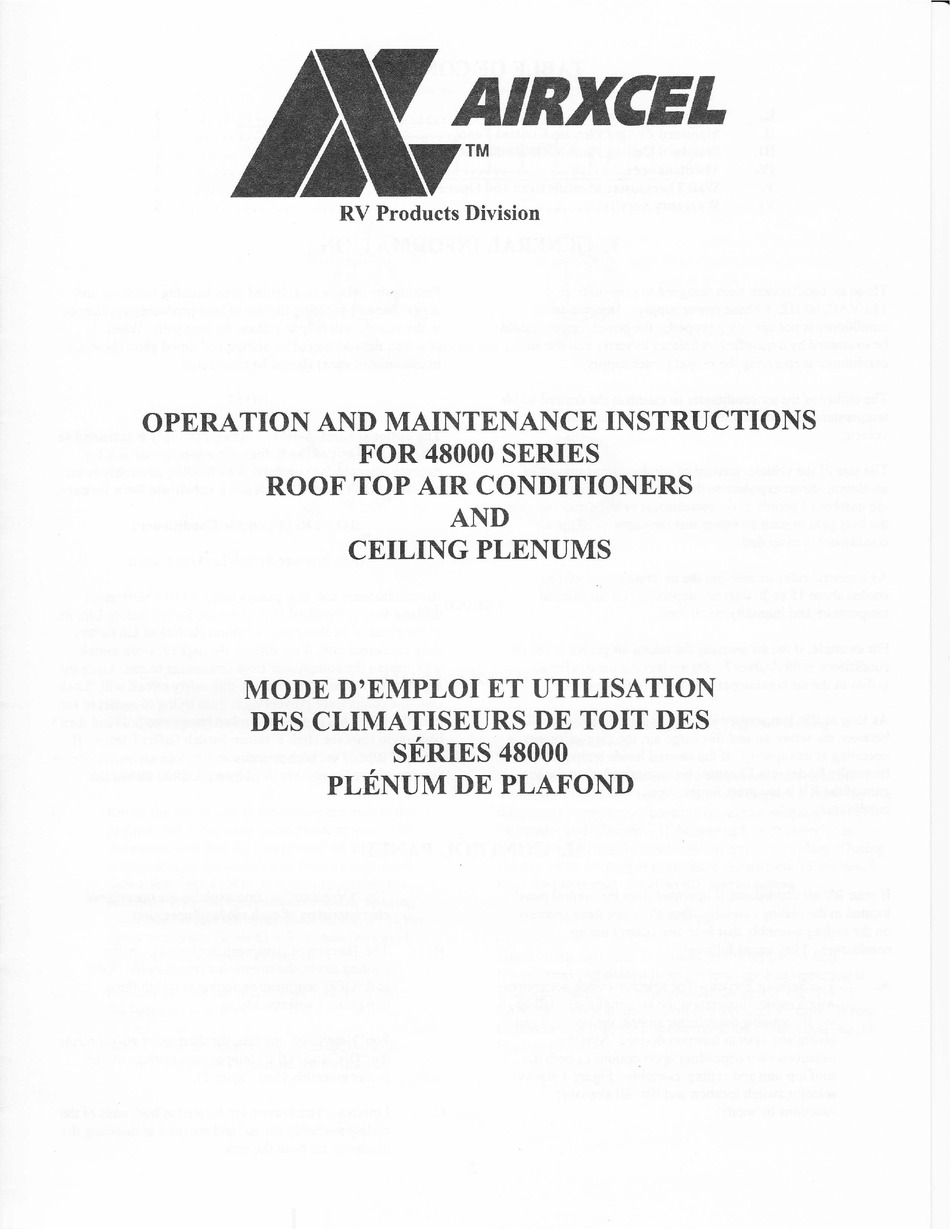 AIRXCEL 48000 SERIES OPERATION AND MAINTENANCE INSTRUCTIONS Pdf