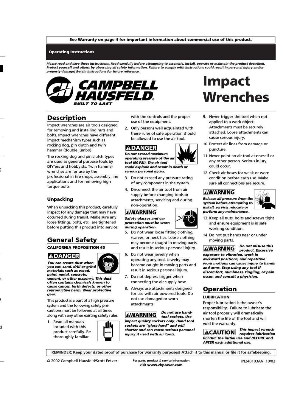 Campbell Hausfeld Impact Wrenches Operating Instructions Manual Pdf