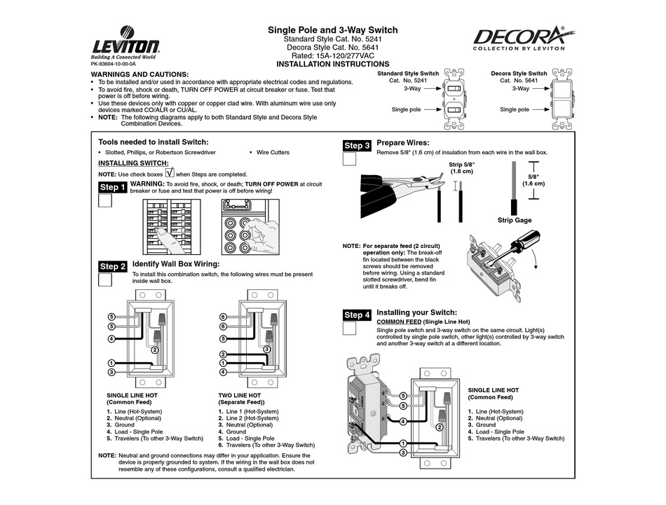 leviton single pole and 3way switch installation