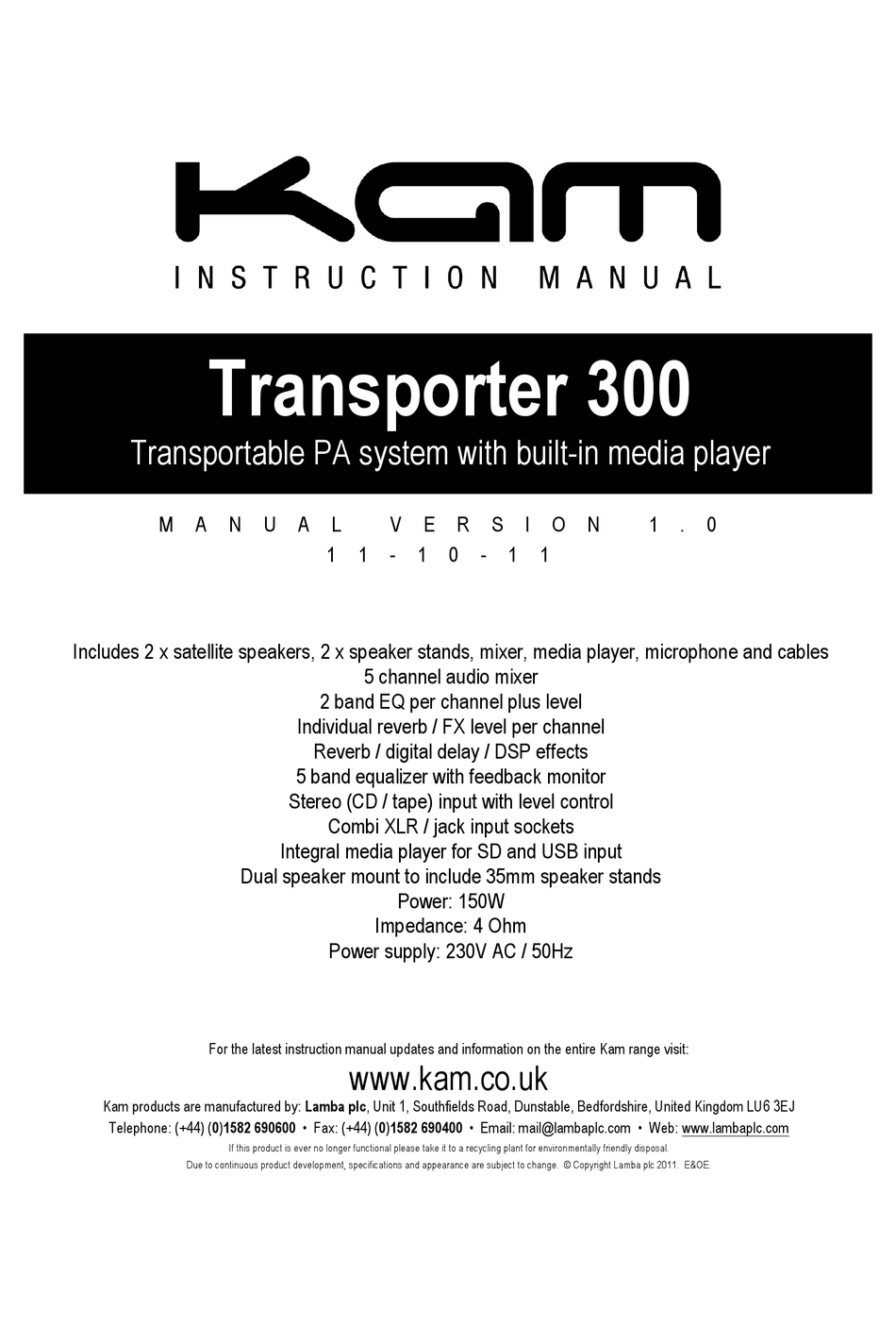 KAM TRANSPORTER 300 INSTRUCTION MANUAL Pdf Download ManualsLib