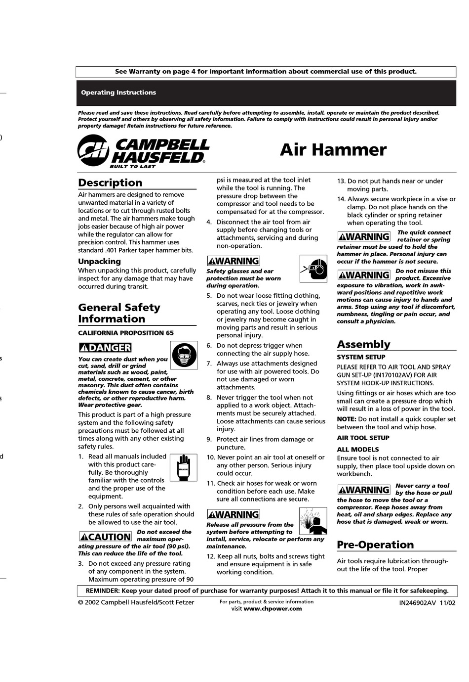 CAMPBELL HAUSFELD AIR HAMMER OPERATING INSTRUCTIONS Pdf Download