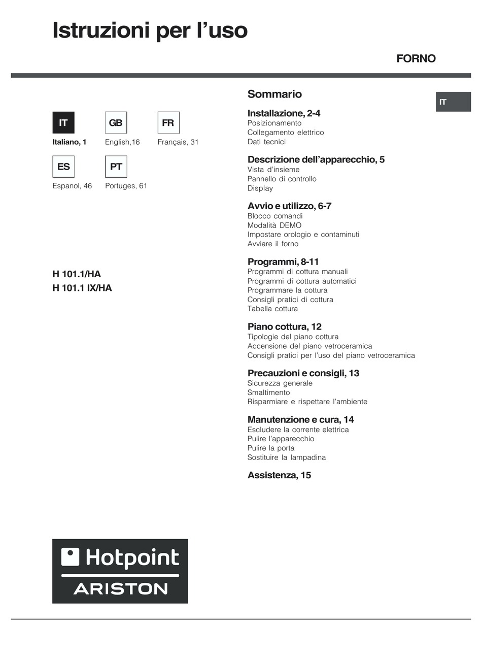 HOTPOINT ARISTON H 101.1/HA OPERATING INSTRUCTIONS MANUAL Pdf Download ...