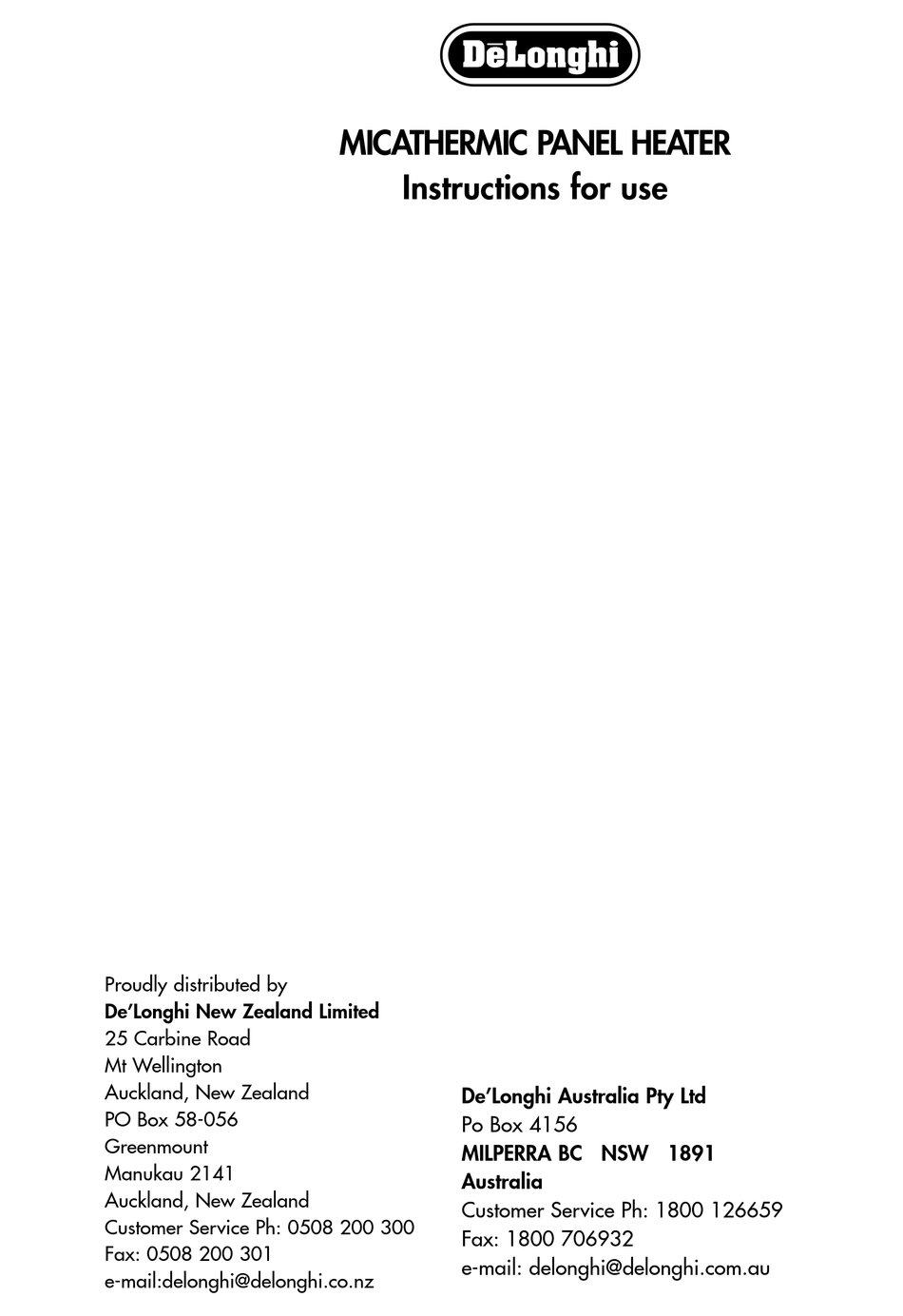 DELONGHI MICATHERMIC PANEL HEATER INSTRUCTIONS FOR USE MANUAL Pdf