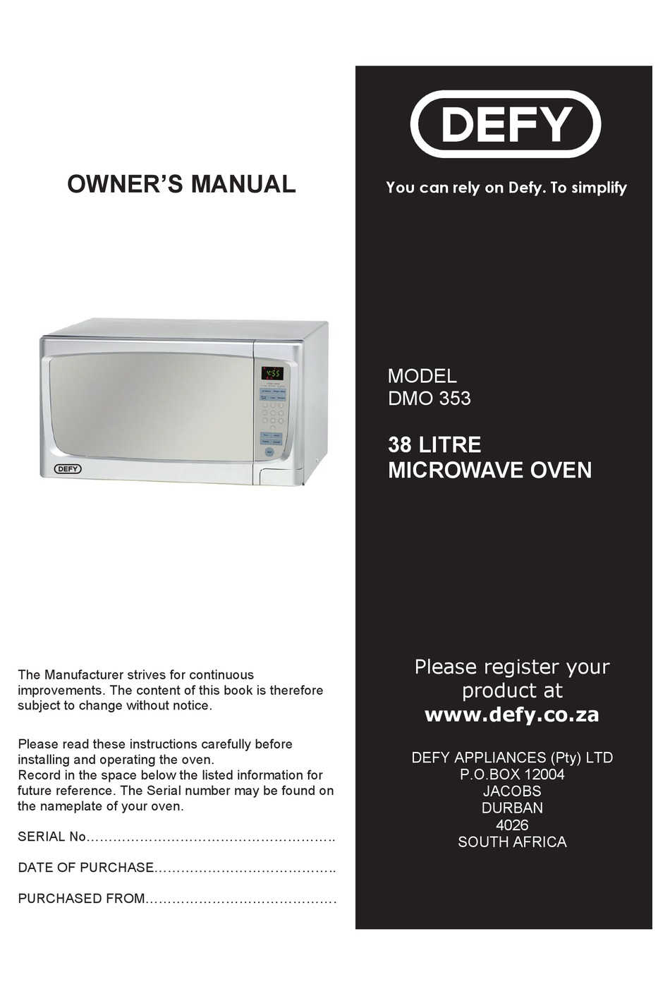DEFY DMO 353 OWNER'S MANUAL Pdf Download ManualsLib
