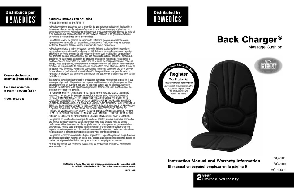 HOMEDICS BACK CHARGER VC101 INSTRUCTION MANUAL AND WARRANTY