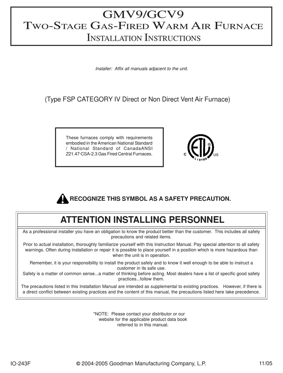 GOODMAN GMV9 INSTALLATION INSTRUCTIONS MANUAL Pdf Download ManualsLib