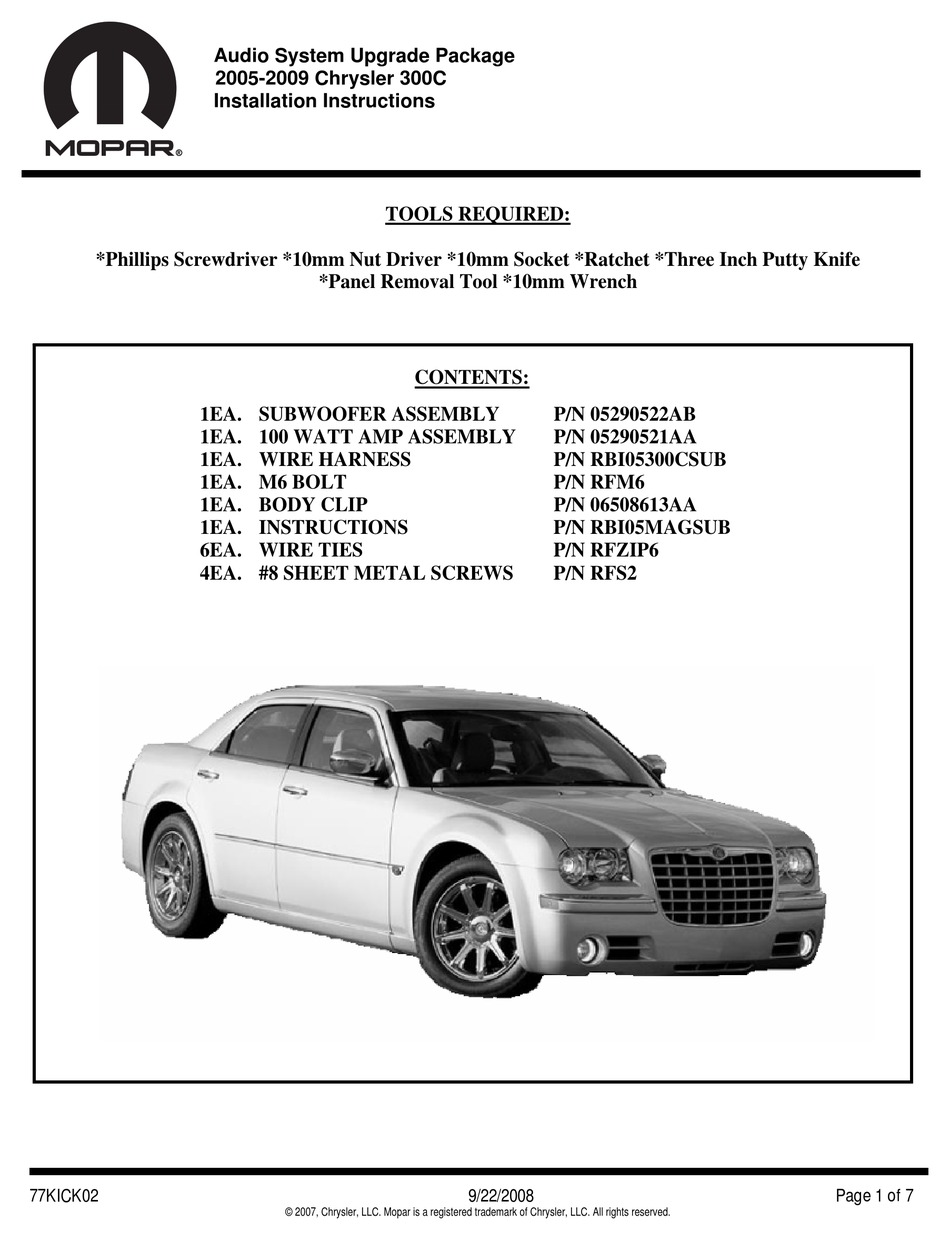 MOPAR 20052009 CHRYSLER 300C INSTALLATION INSTRUCTIONS MANUAL Pdf