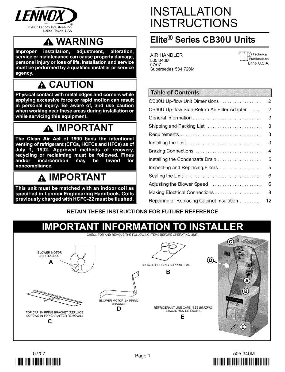 LENNOX ELITE CB30U SERIES INSTALLATION INSTRUCTIONS MANUAL Pdf Download