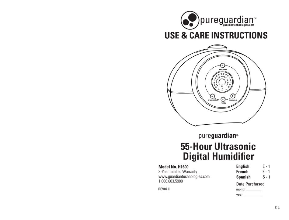 PUREGUARDIAN H1600 USE & CARE INSTRUCTIONS MANUAL Pdf Download ManualsLib