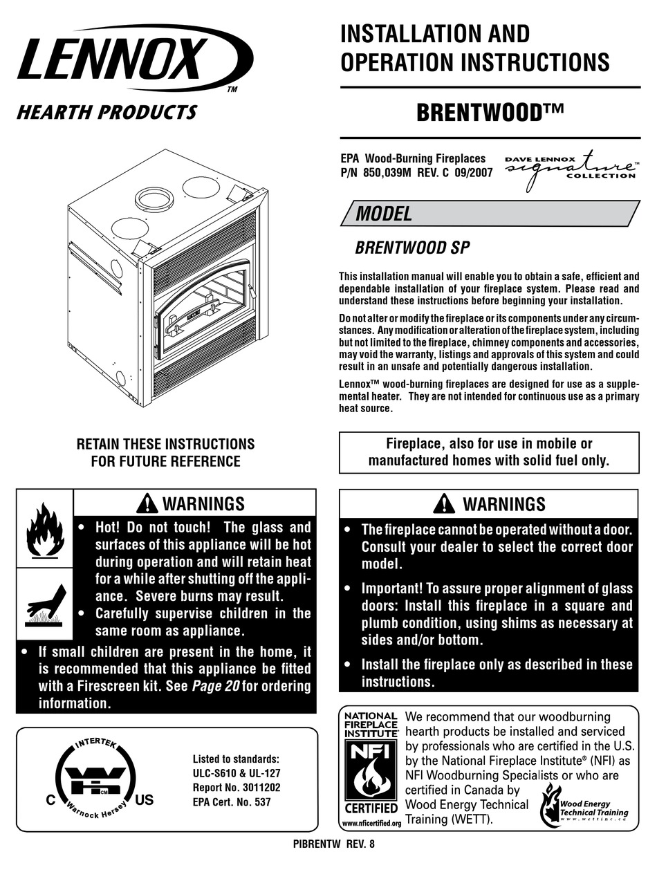 LENNOX BRENTWOOD SP INSTALLATION AND OPERATION INSTRUCTIONS MANUAL Pdf ...