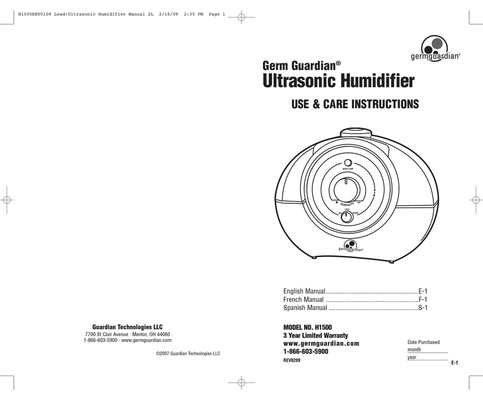 GERM GUARDIAN H1500 USE & CARE INSTRUCTIONS MANUAL Pdf Download
