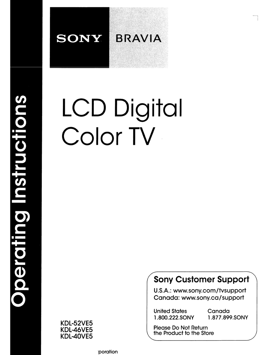 SONY BRAVIA KDL-52VE5 OPERATING INSTRUCTIONS MANUAL Pdf Download ...