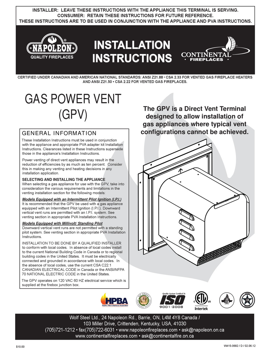 NAPOLEON GAS POWER VENT INSTALLATION INSTRUCTIONS MANUAL Pdf Download