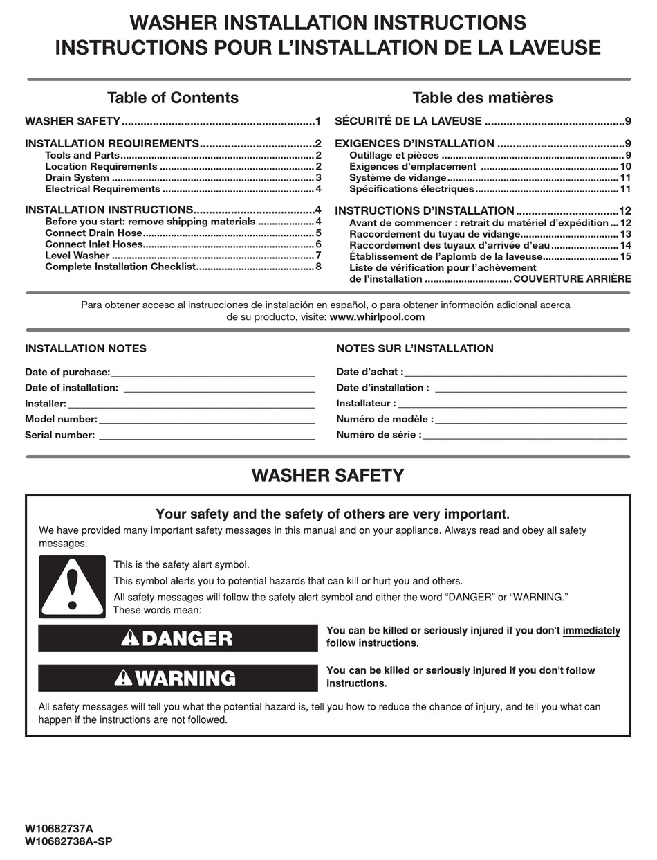 WHIRLPOOL WASHER INSTALLATION INSTRUCTIONS MANUAL Pdf Download ManualsLib
