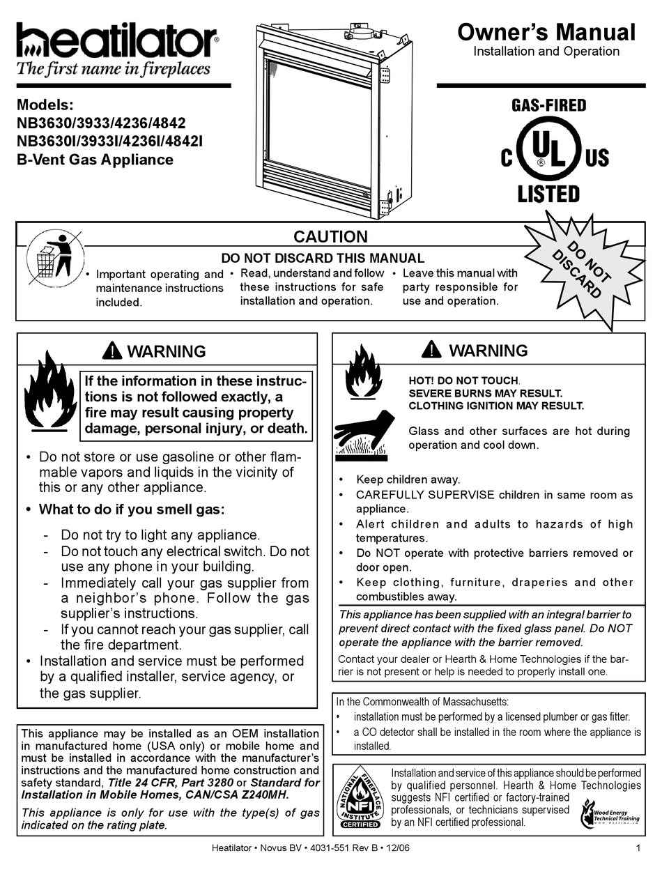 HEATILATOR NB3630 OWNER'S MANUAL Pdf Download | ManualsLib