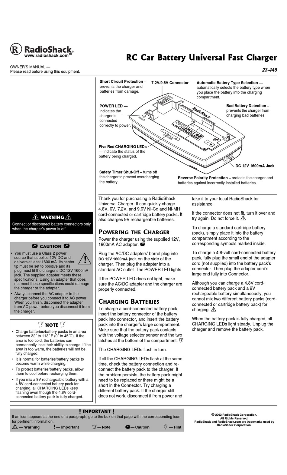 radio shack battery charger plugged in not charging