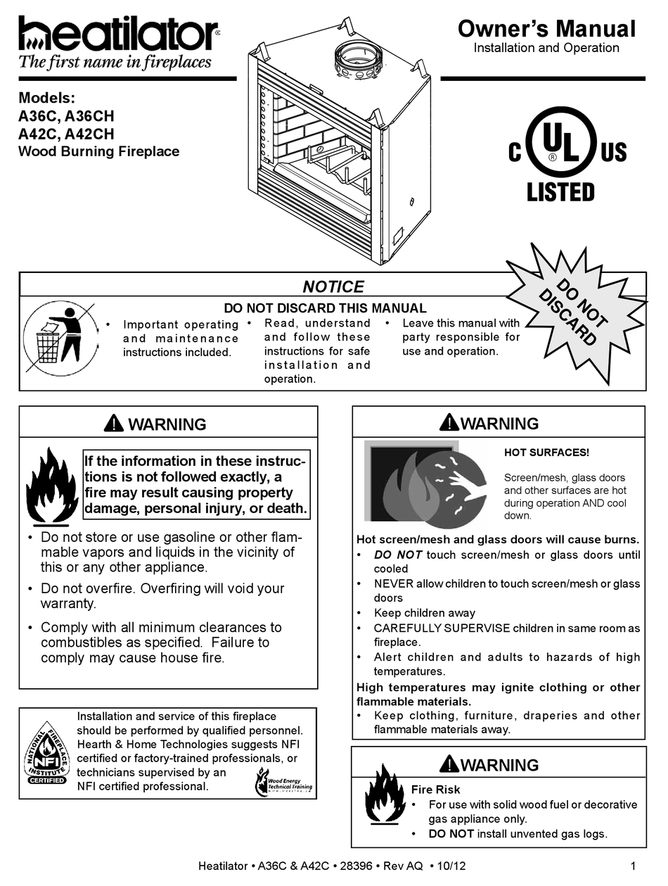 HEATILATOR A36C OWNER'S MANUAL Pdf Download ManualsLib