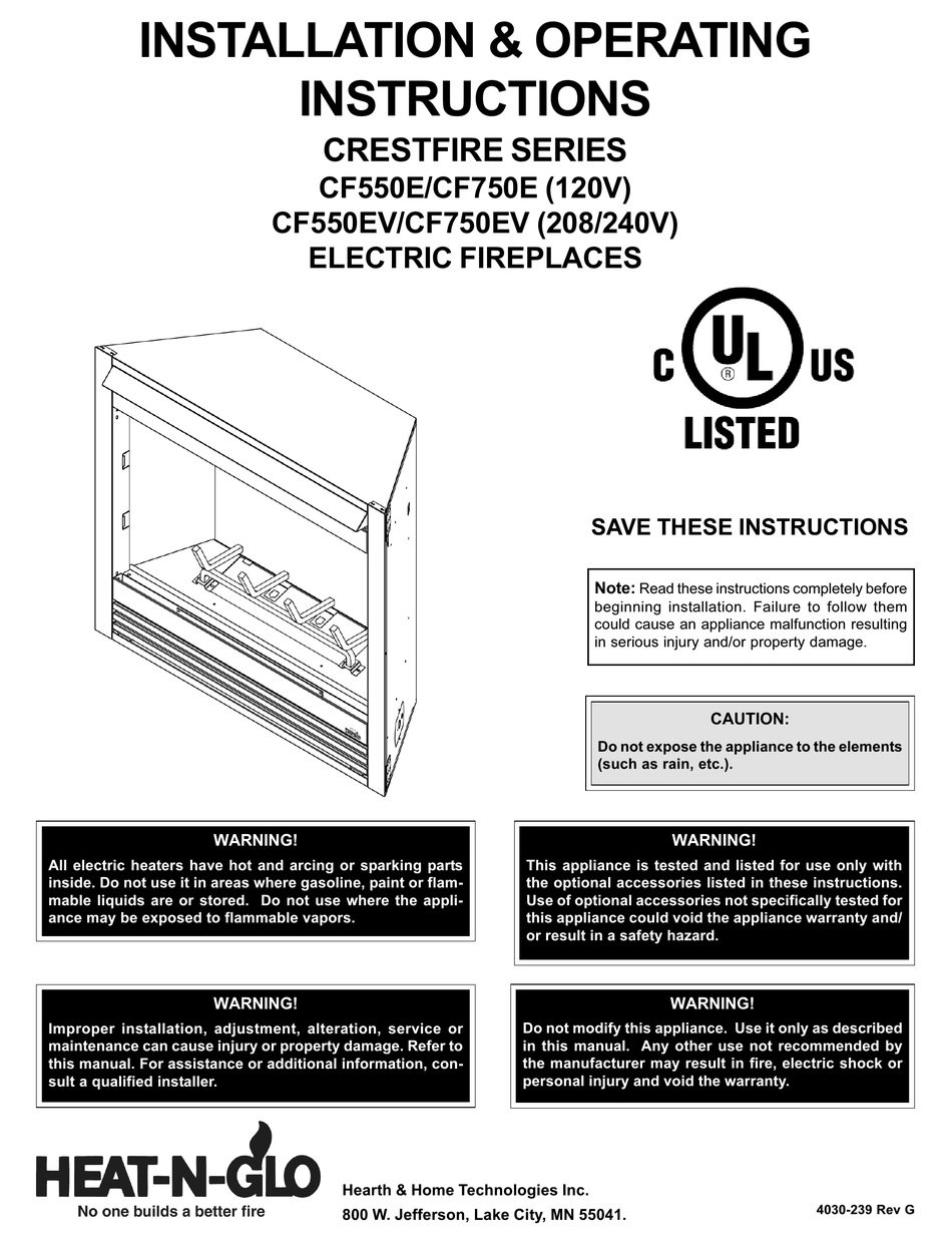 HEAT & GLO CRESTFIRE CF750E INSTALLATION & OPERATING INSTRUCTIONS