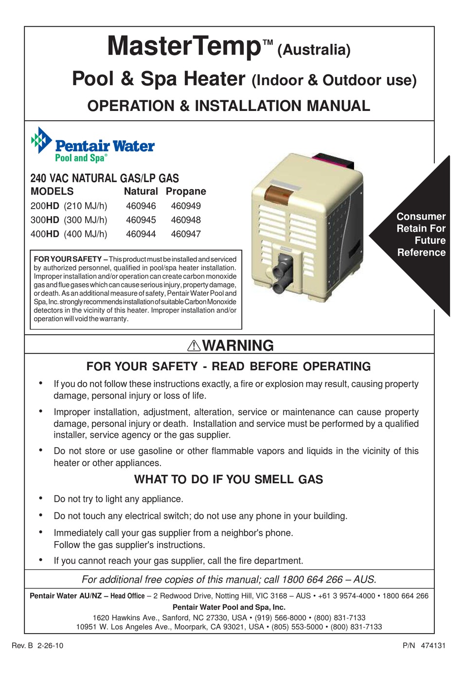 PENTAIR POOL PRODUCTS MASTERTEMP 200HD OPERATION & INSTALLATION MANUAL