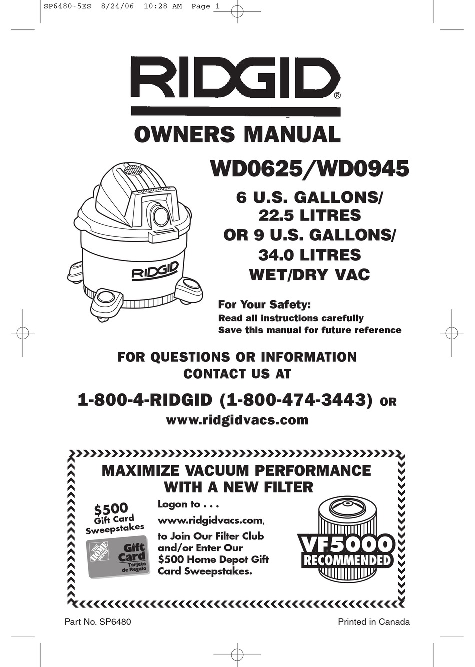 Vacuuming Dry Materials; Vacuuming Liquids; Emptying The Drum - RIDGID  WD0625 Owner's Manual [Page 8]