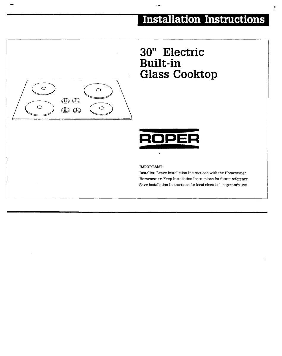 ROPER 30” ELECTRICBUILTIN GLASS COOKTOP INSTALLATION INSTRUCTIONS Pdf