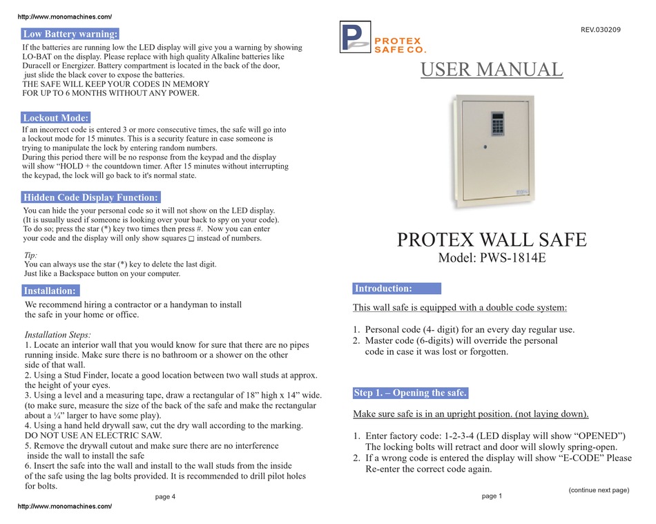 PROTEX WALL SAFE PWS1814E USER MANUAL Pdf Download ManualsLib