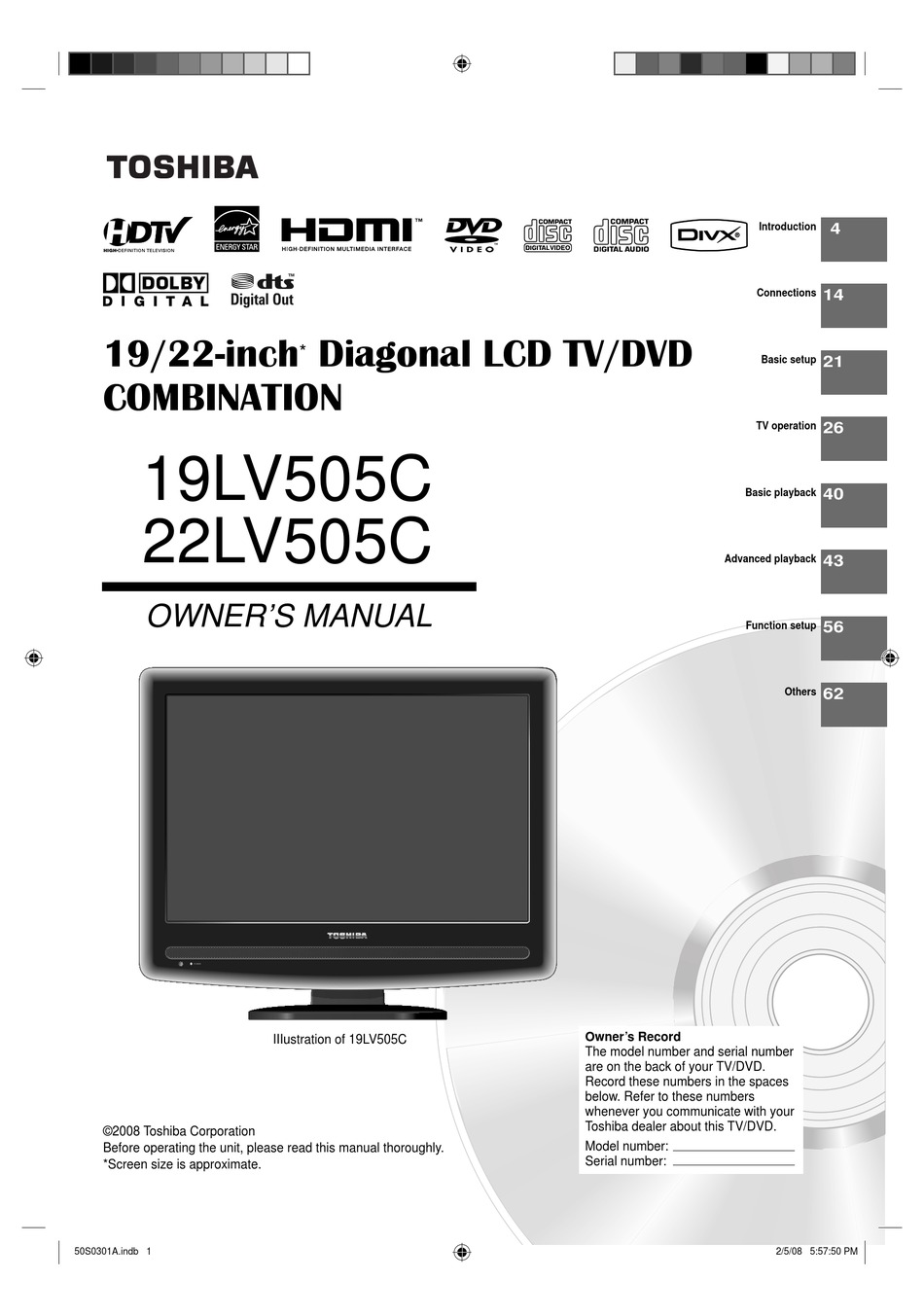 TOSHIBA 19LV505C OWNER