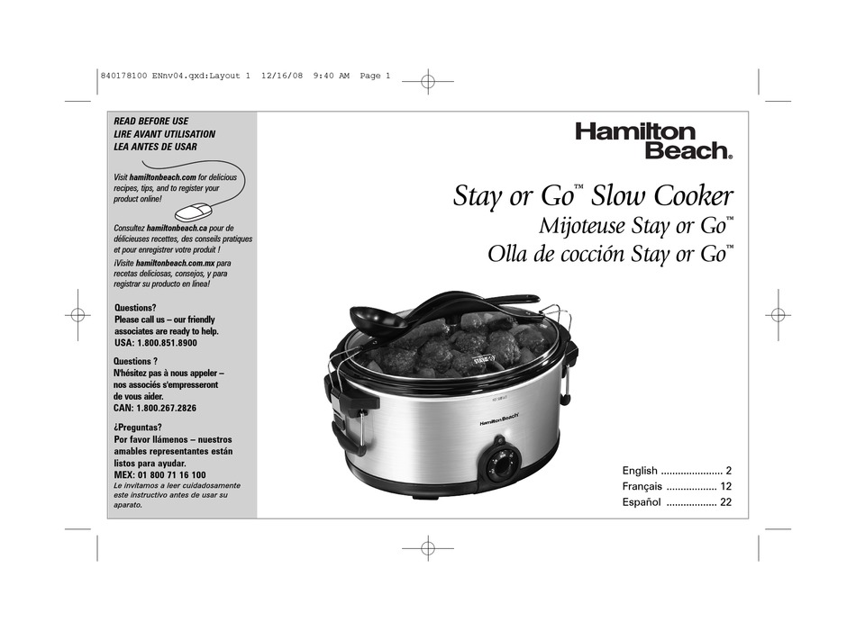 HAMILTON BEACH STAY OR GO USER MANUAL Pdf Download ManualsLib