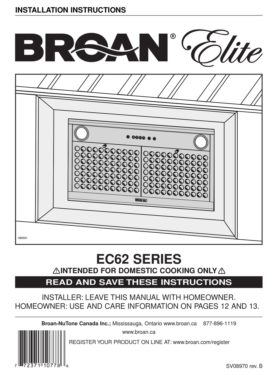 BROAN EC62 SERIES INSTALLATION INSTRUCTIONS MANUAL Pdf Download