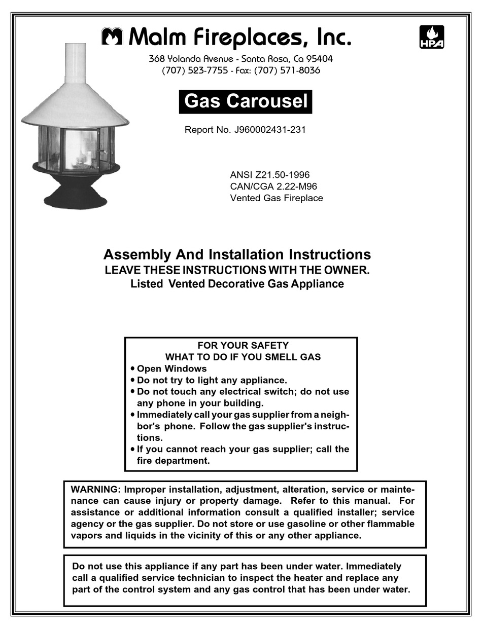 MALM FIREPLACES GAS CAROUSEL ASSEMBLY AND INSTALLATION INSTRUCTIONS