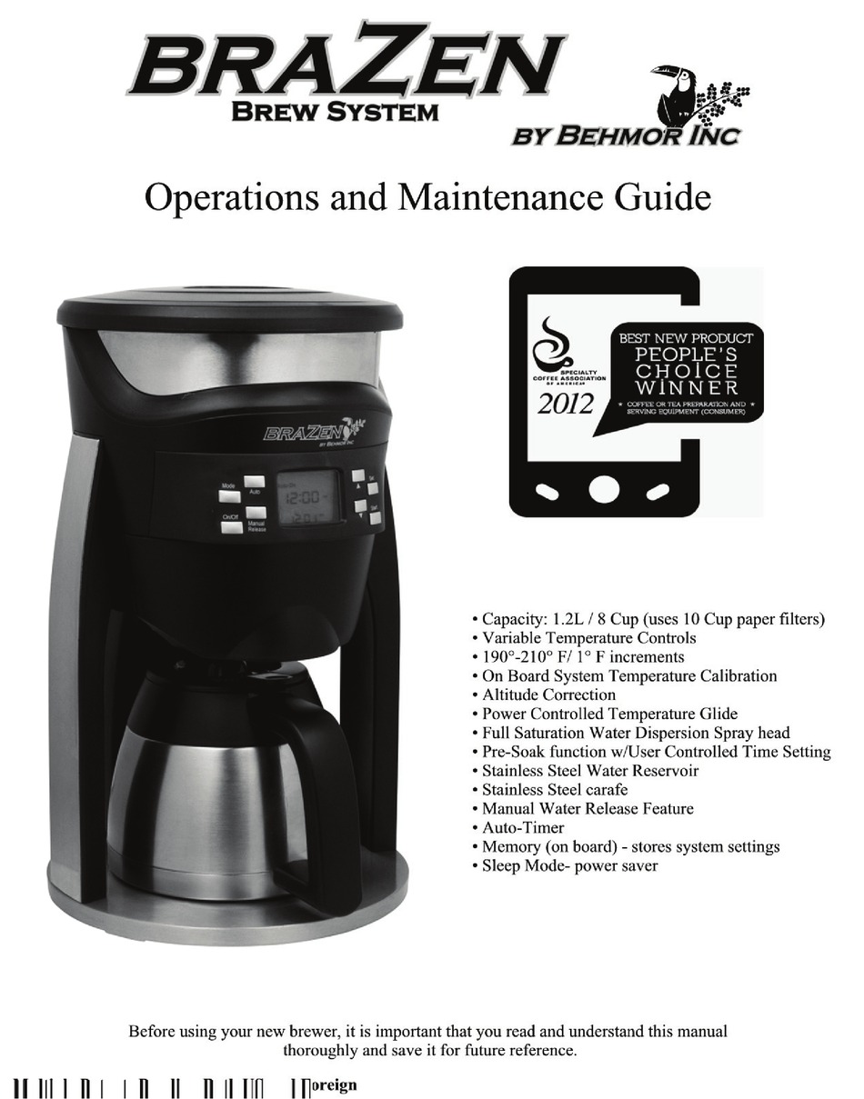 Behmor Brazen Operation And Maintenance Manual Pdf Download Manualslib