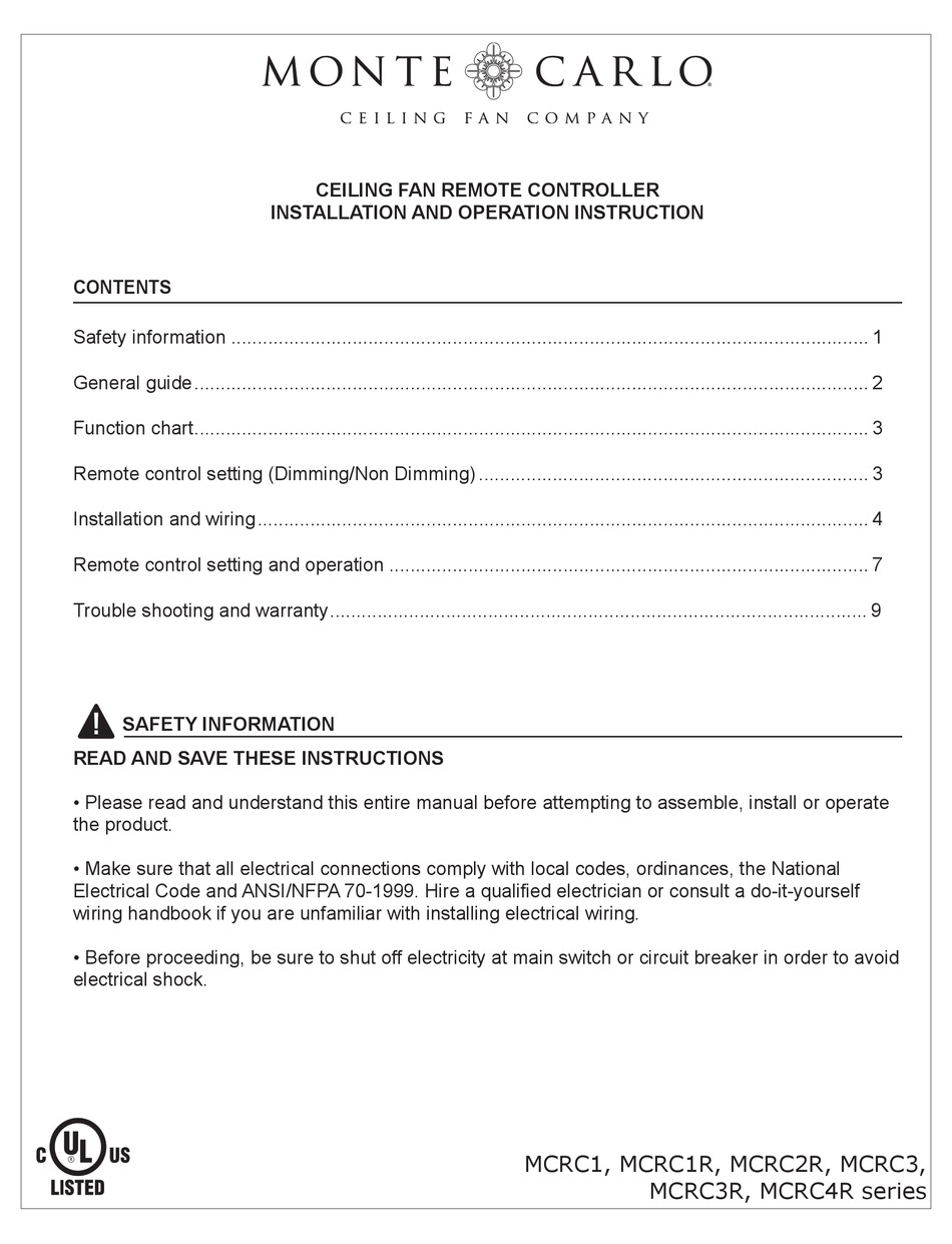 MONTE CARLO FAN COMPANY MCRC1 SERIES INSTALLATION AND OPERATION