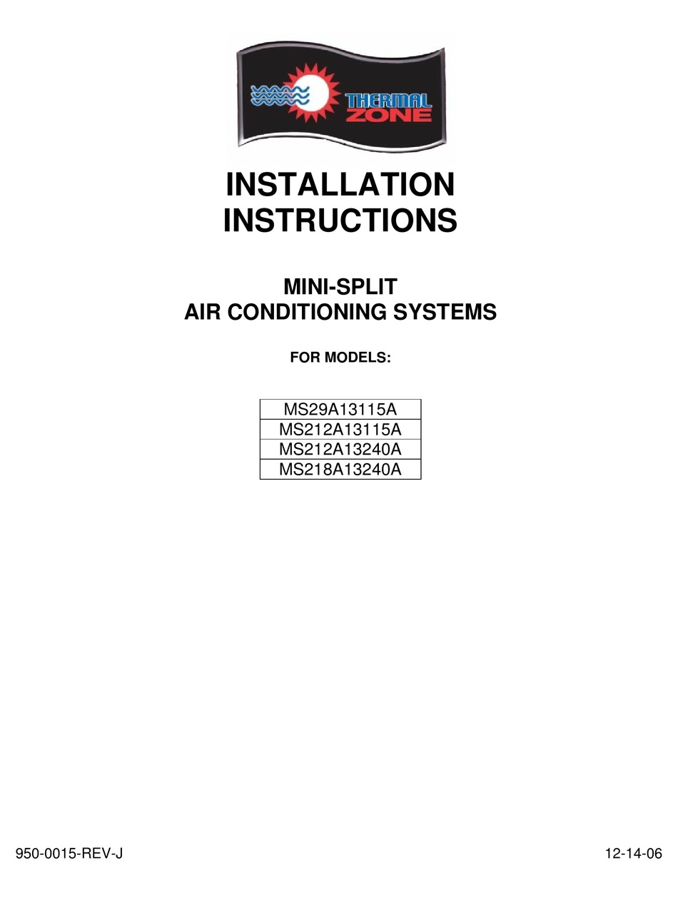 THERMAL ZONE MS29A13115A INSTALLATION INSTRUCTIONS MANUAL Pdf Download