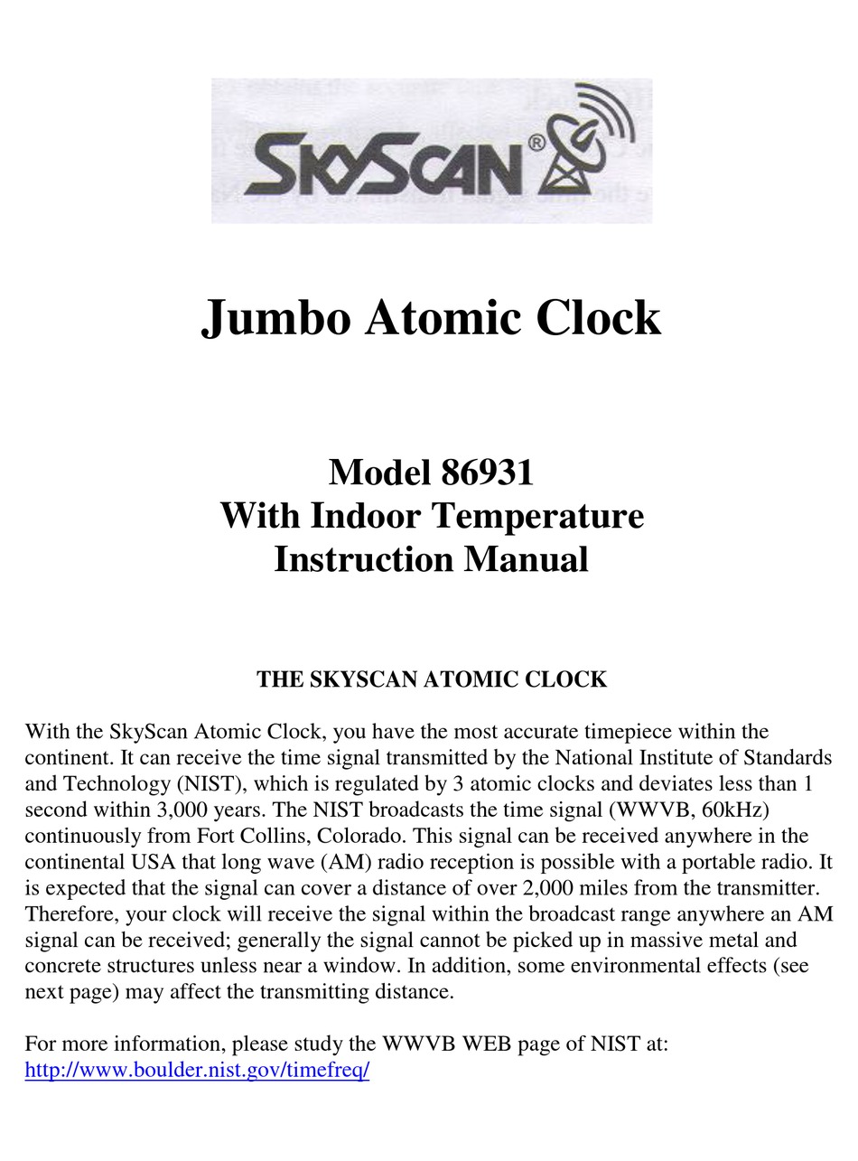 SKYSCAN JUMBO ATOMIC CLOCK 86931 INSTRUCTION MANUAL Pdf Download