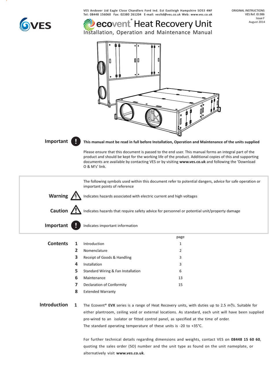 Heat Recovery Unit - VES ecovent Installation, Operation And Maintenance  Manual [Page 2] | ManualsLib
