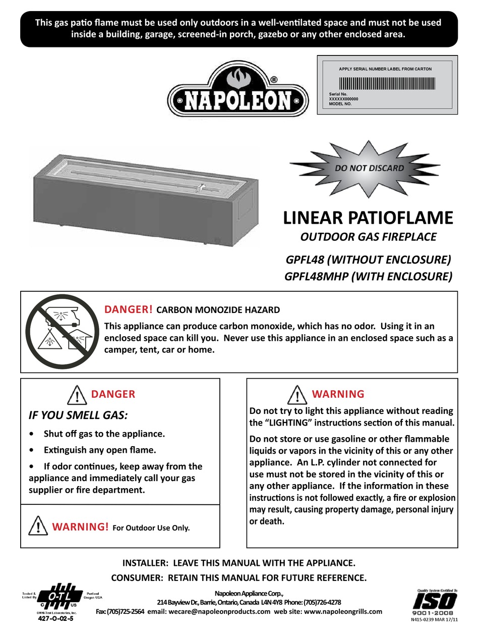 napoleon outdoor fire pit on Napoleon Gpfl48mhp User Manual Pdf Download Manualslib