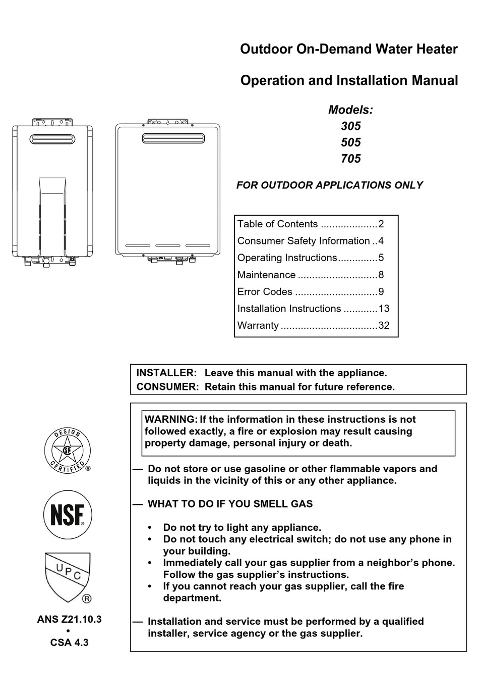 AMERICAN WATER HEATER 305 OPERATION AND INSTALLATION MANUAL Pdf