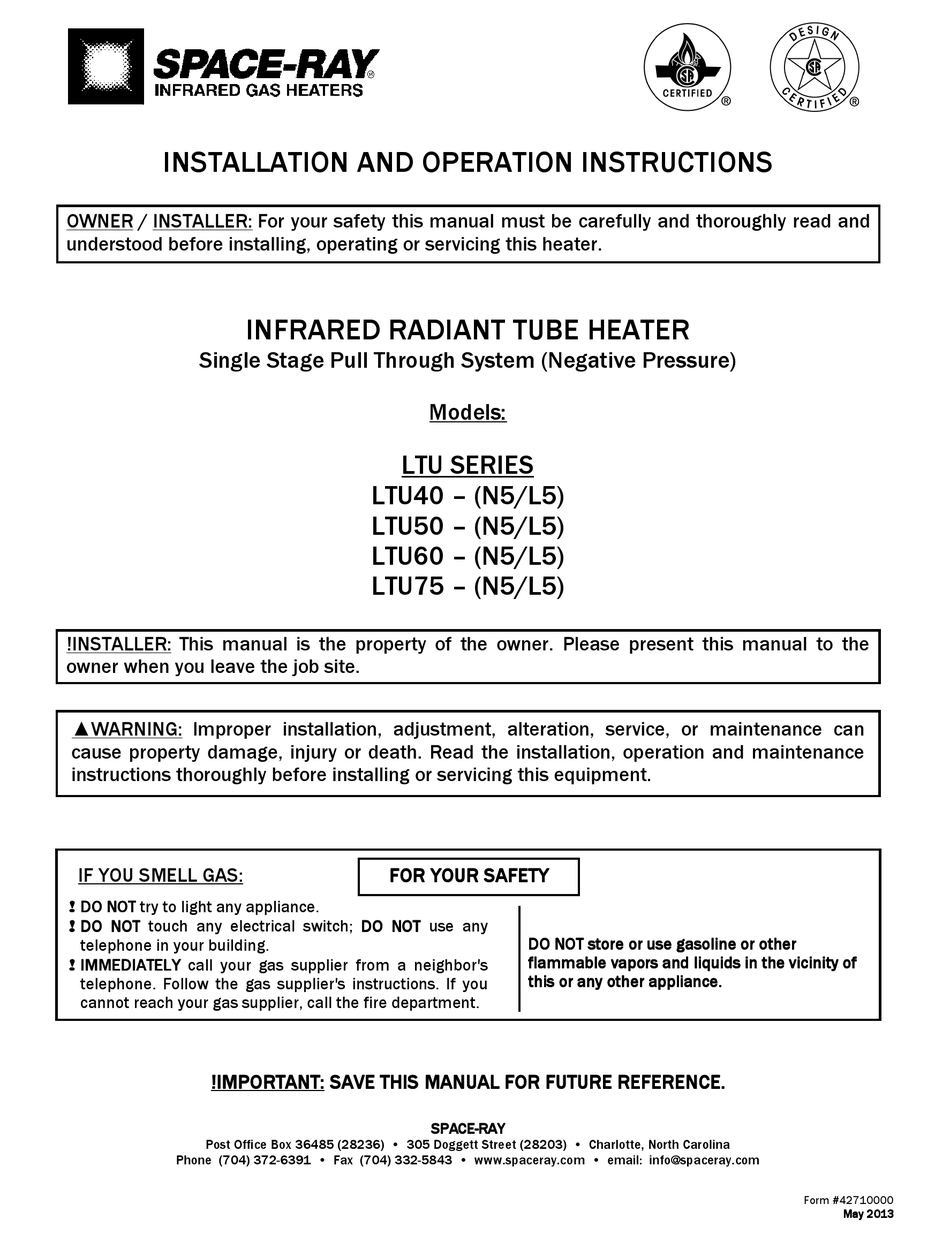 SPACE-RAY LTU40-N5 INSTALLATION AND OPERATION INSTRUCTIONS MANUAL Pdf ...